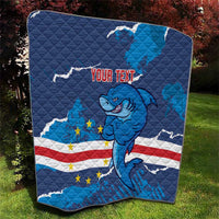 Blue quilt blanket with shark mascot, flag stars and stripes, and centered custom text