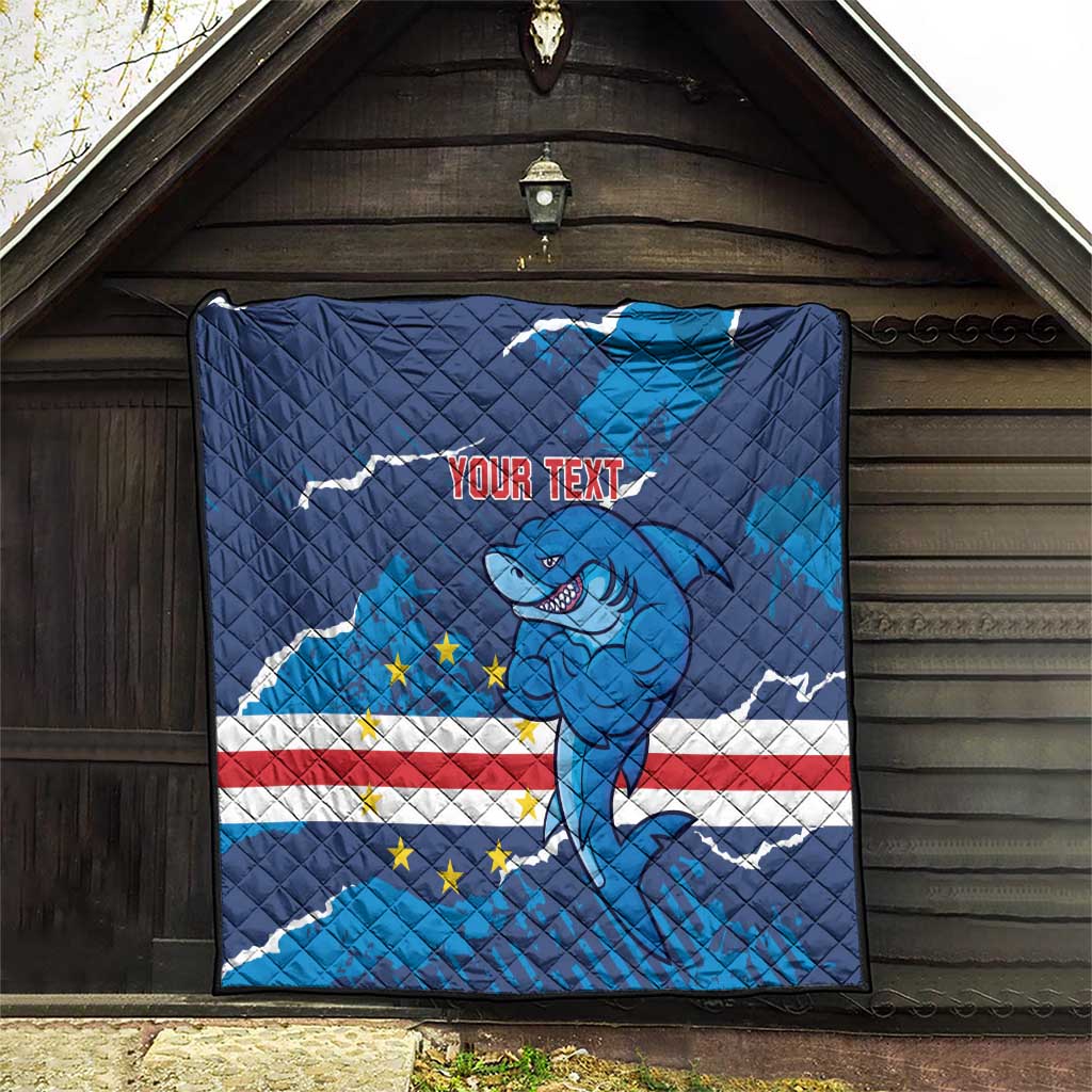 Blue quilt blanket with shark mascot, flag map accents, stars and stripes, and custom text