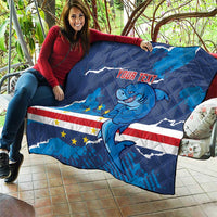 Blue quilt blanket with shark mascot and flag stars and stripes, shown with “Your text”