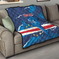 Blue quilt blanket with shark mascot on couch, flag stars and stripes, and custom text