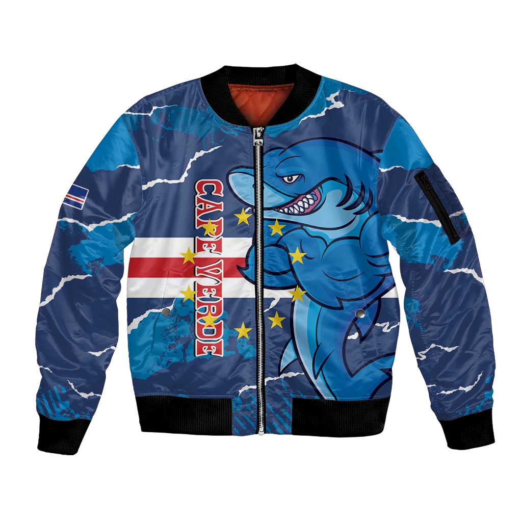 Custom Cape Verde Football Sleeve Zip Bomber Jacket Go Blue Sharks - Mascot Version - Wonder Print Shop