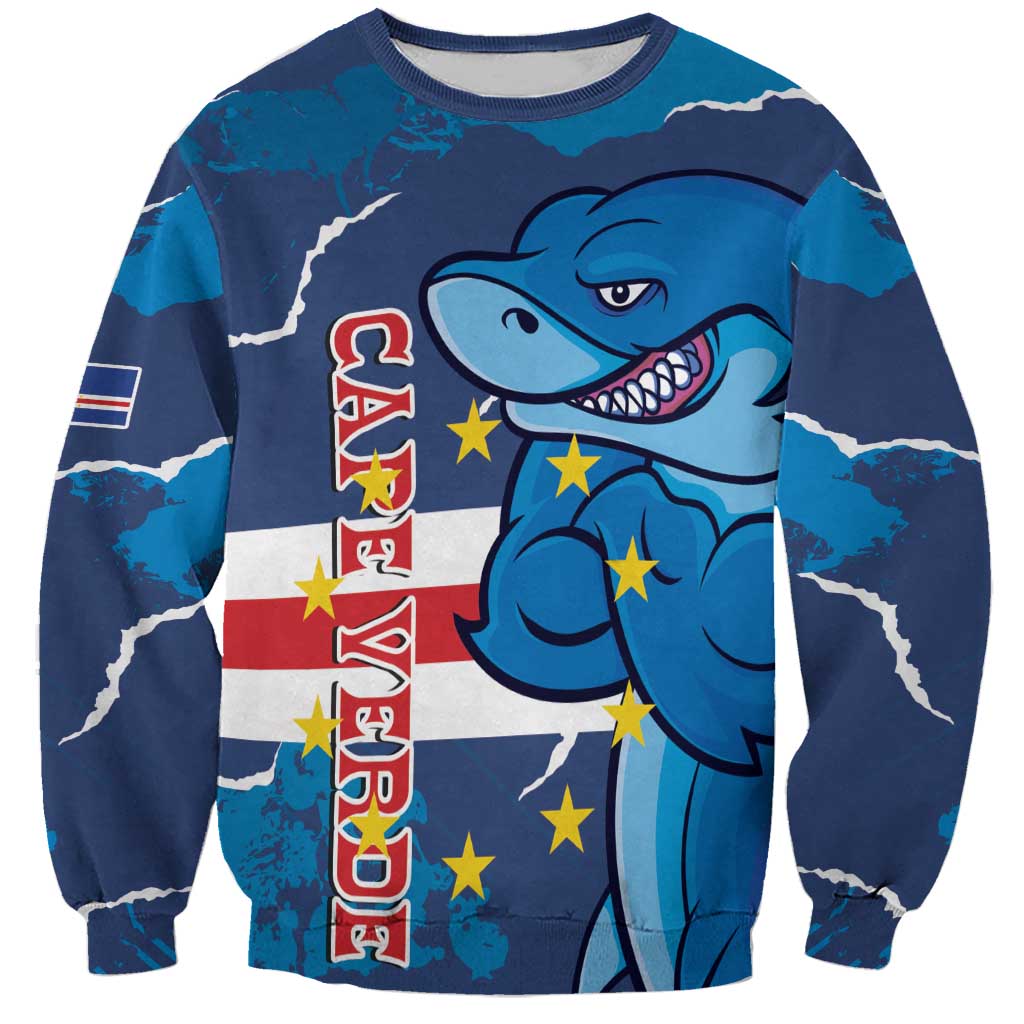 Unisex blue football sweatshirt with cartoon shark front graphic, stars and shield detail