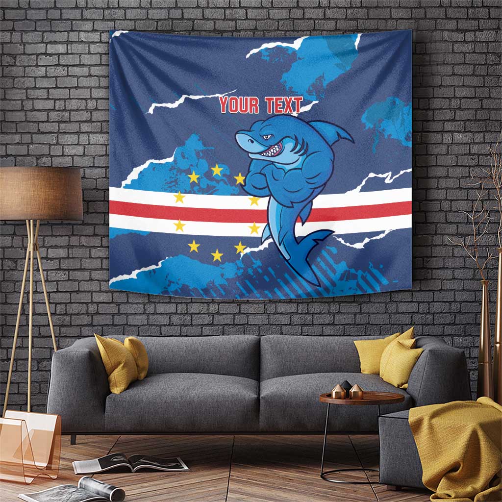 Custom blue football tapestry with friendly shark mascot and red "YOUR TEXT" design