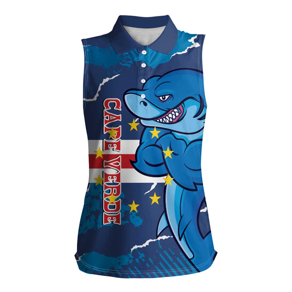 Custom Cape Verde Football Women Sleeveless Polo Shirt Go Blue Sharks - Mascot Version - Wonder Print Shop