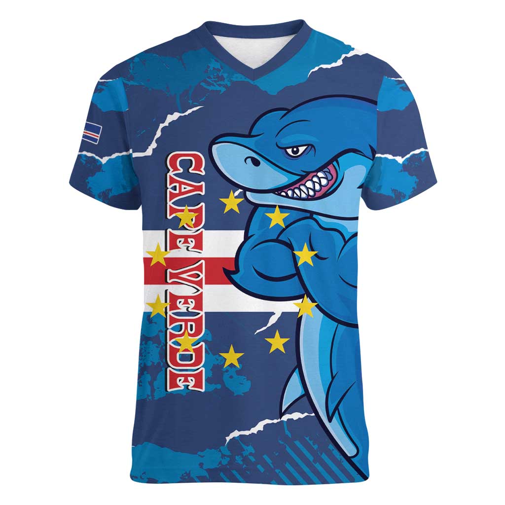 Custom Cape Verde Football Women V-Neck T-Shirt Go Blue Sharks - Mascot Version - Wonder Print Shop