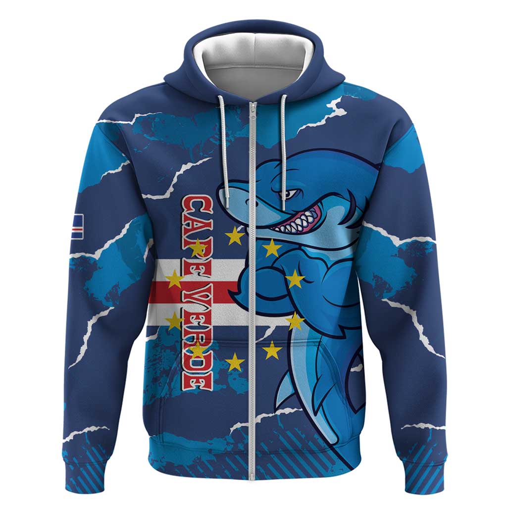 Custom Cape Verde Football Zip Hoodie Go Blue Sharks - Mascot Version - Wonder Print Shop