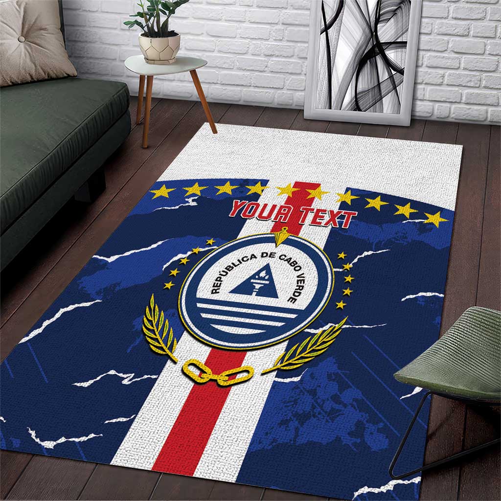Blue sports area rug with crest and stars, red-white stripe, and 'YOUR TEXT'