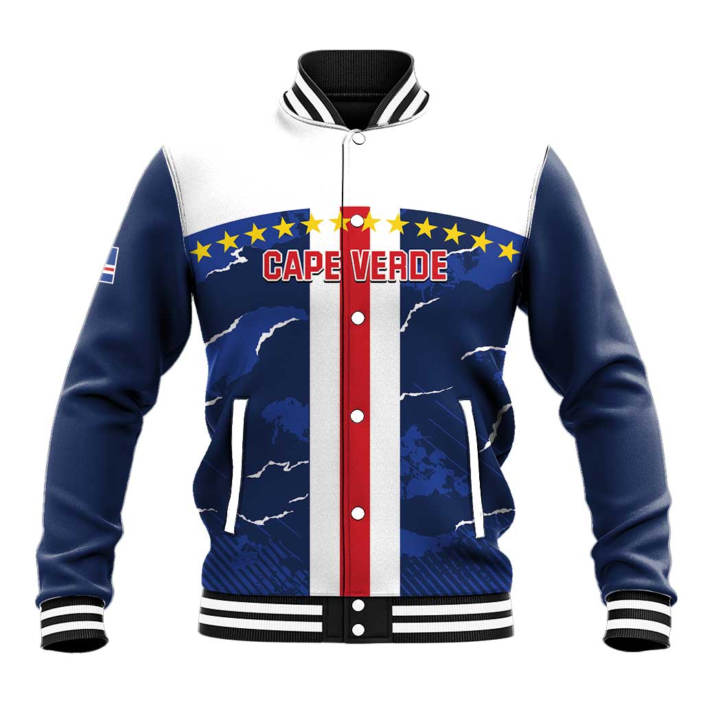 Blue varsity baseball jacket with striped collar and button front, Cape Verde graphic