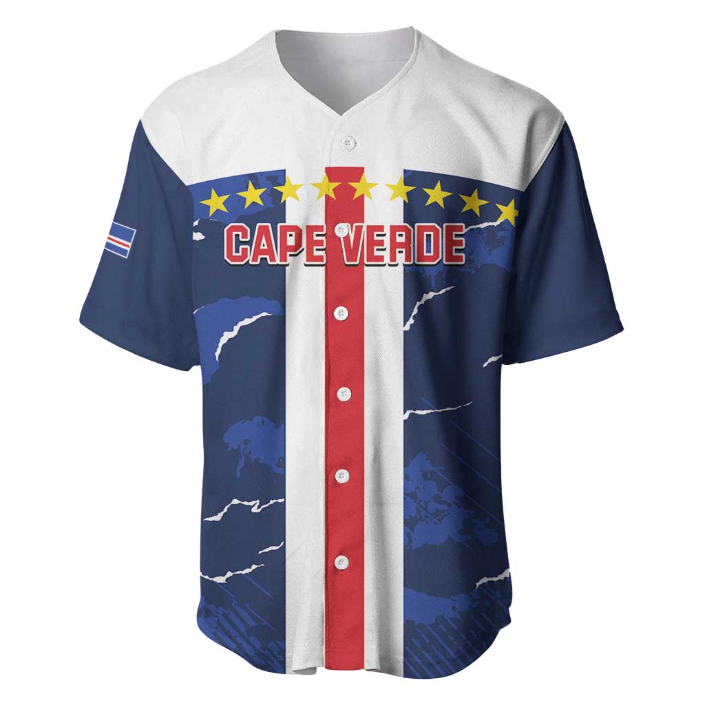 Blue baseball jersey with Cape Verde graphic, stars, and vertical red-white button placket