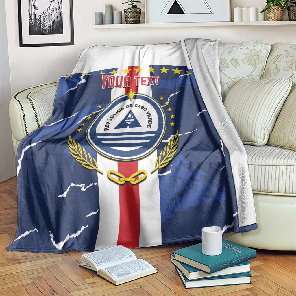 Blue and white Cape Verde flag football blanket with emblem, stars, and custom text