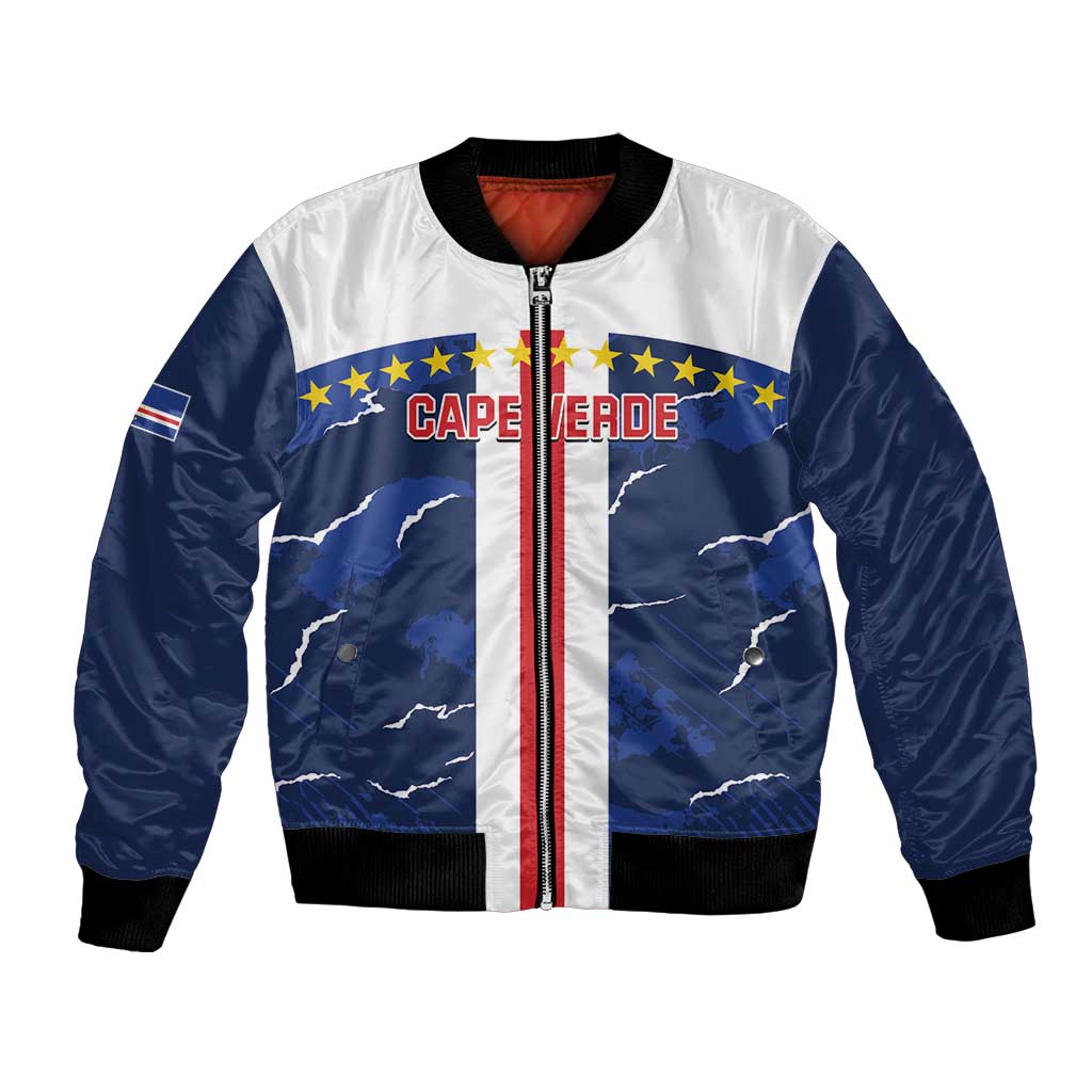 Blue and white bomber jacket with full front zipper, ribbed cuffs, Cape Verde graphic