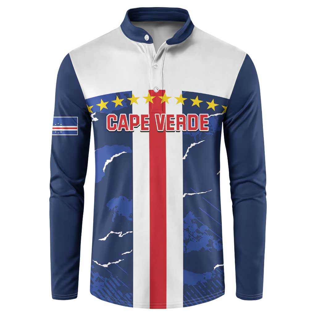 Long-sleeve button sweatshirt with Cape Verde crest graphic, white and navy panels