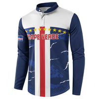 Long-sleeve button sweatshirt, Cape Verde crest front graphic with vertical flag stripe