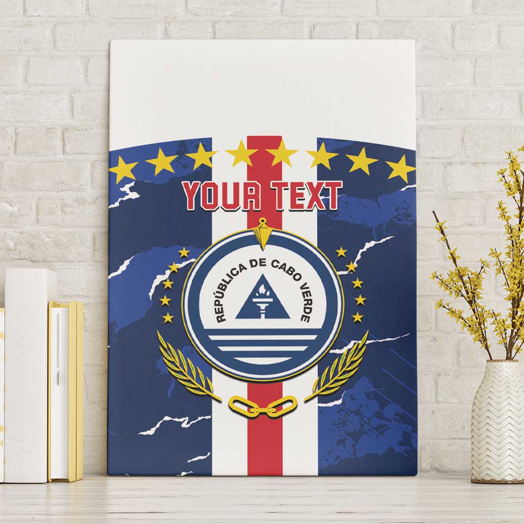 Blue canvas wall art with Cabo Verde crest, laurel, chain, and 'Your Text' label