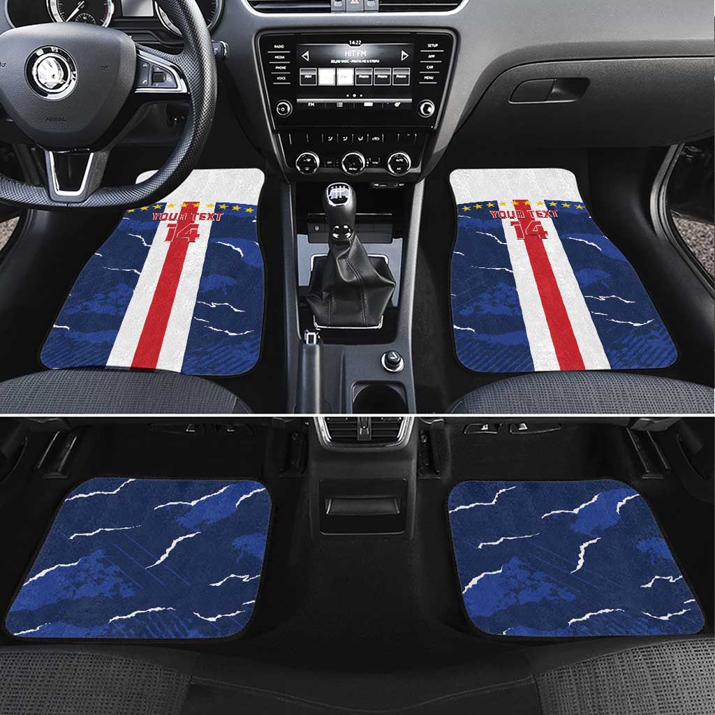 Blue car floor mat set: red/white stripe with 'YOUR TEXT 14' text