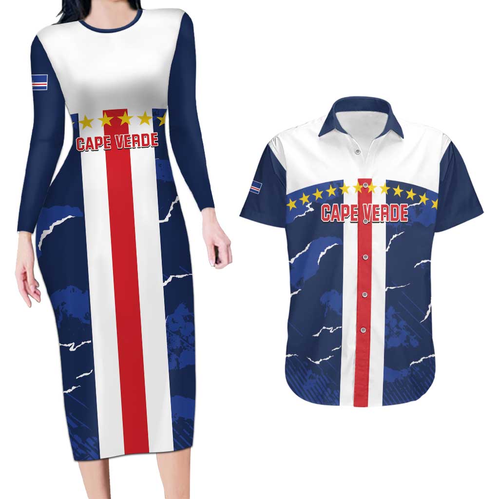 Custom Cape Verde Football Couples Matching Long Sleeve Bodycon Dress and Hawaiian Shirt Go Blue Sharks - Sporty Version - Wonder Print Shop