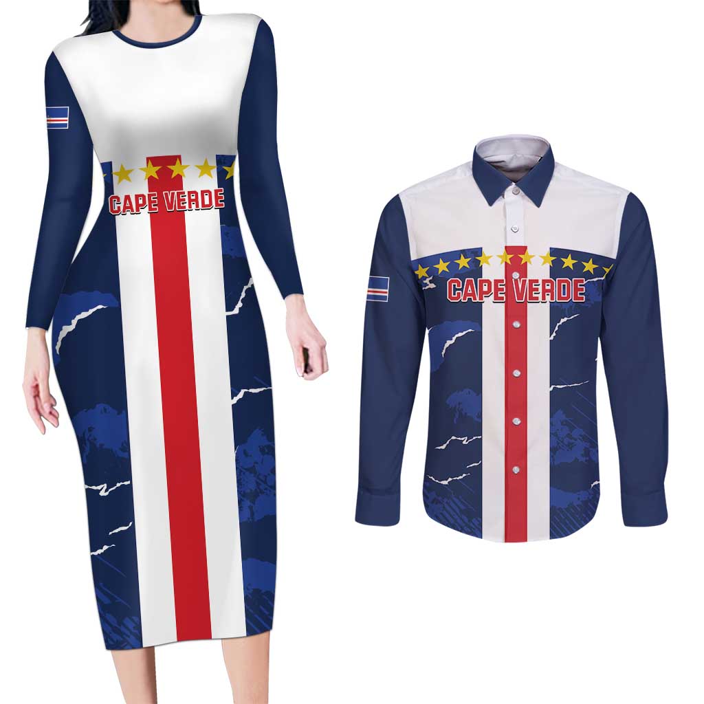 Custom Cape Verde Football Couples Matching Long Sleeve Bodycon Dress and Long Sleeve Button Shirt Go Blue Sharks - Sporty Version - Wonder Print Shop