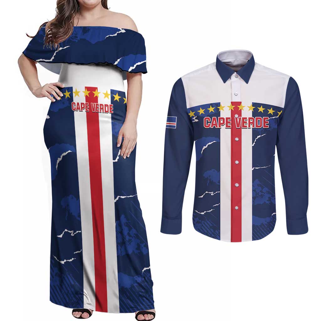 Custom Cape Verde Football Couples Matching Off Shoulder Maxi Dress and Long Sleeve Button Shirt Go Blue Sharks - Sporty Version - Wonder Print Shop