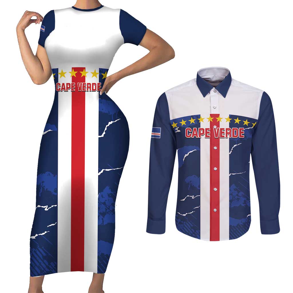 Custom Cape Verde Football Couples Matching Short Sleeve Bodycon Dress and Long Sleeve Button Shirt Go Blue Sharks - Sporty Version - Wonder Print Shop