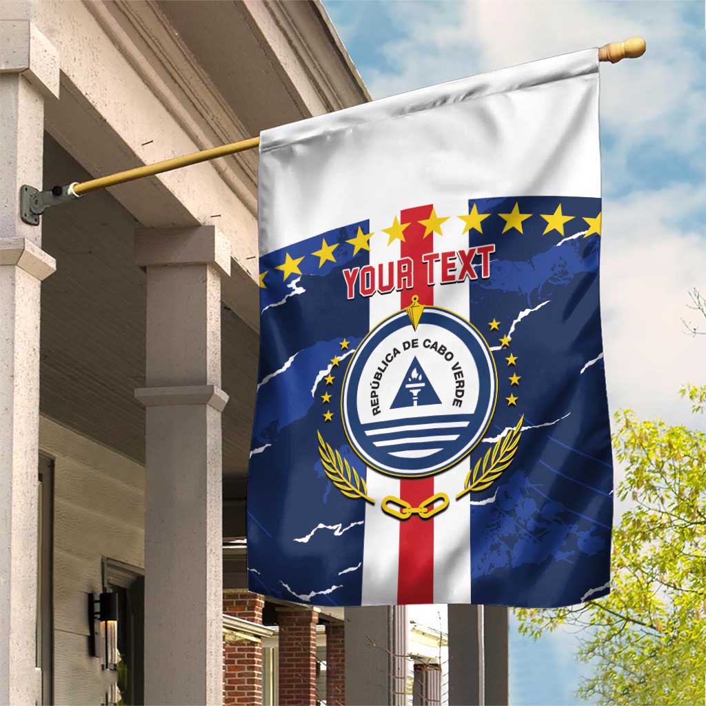Blue garden flag with Cabo Verde crest, star circle, and "Your Text" banner