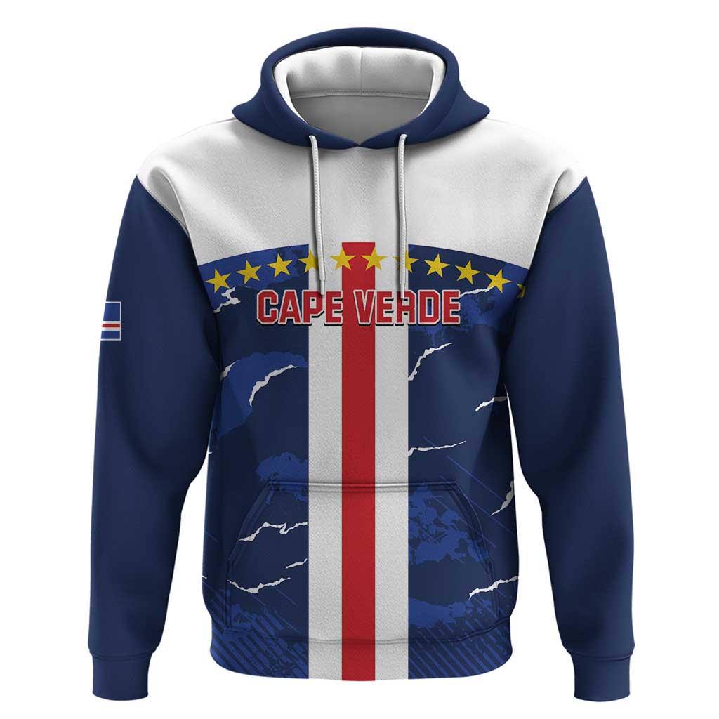 Blue and white pullover football hoodie with Cape Verde crest across the chest