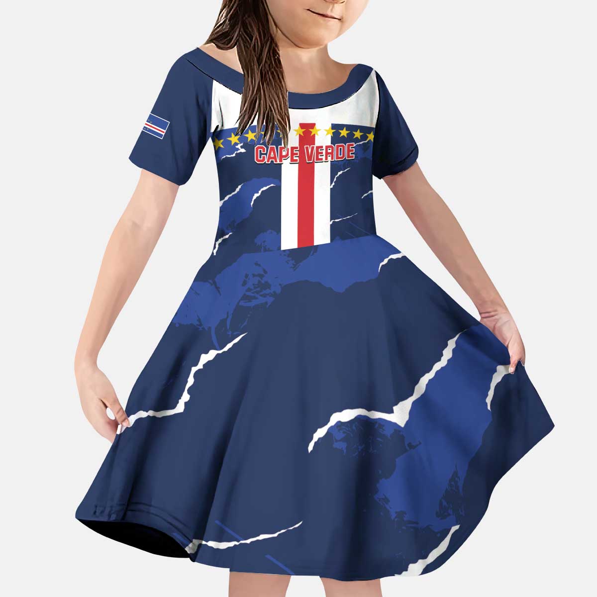 Custom Cape Verde Football Kid Short Sleeve Dress Go Blue Sharks - Sporty Version - Wonder Print Shop