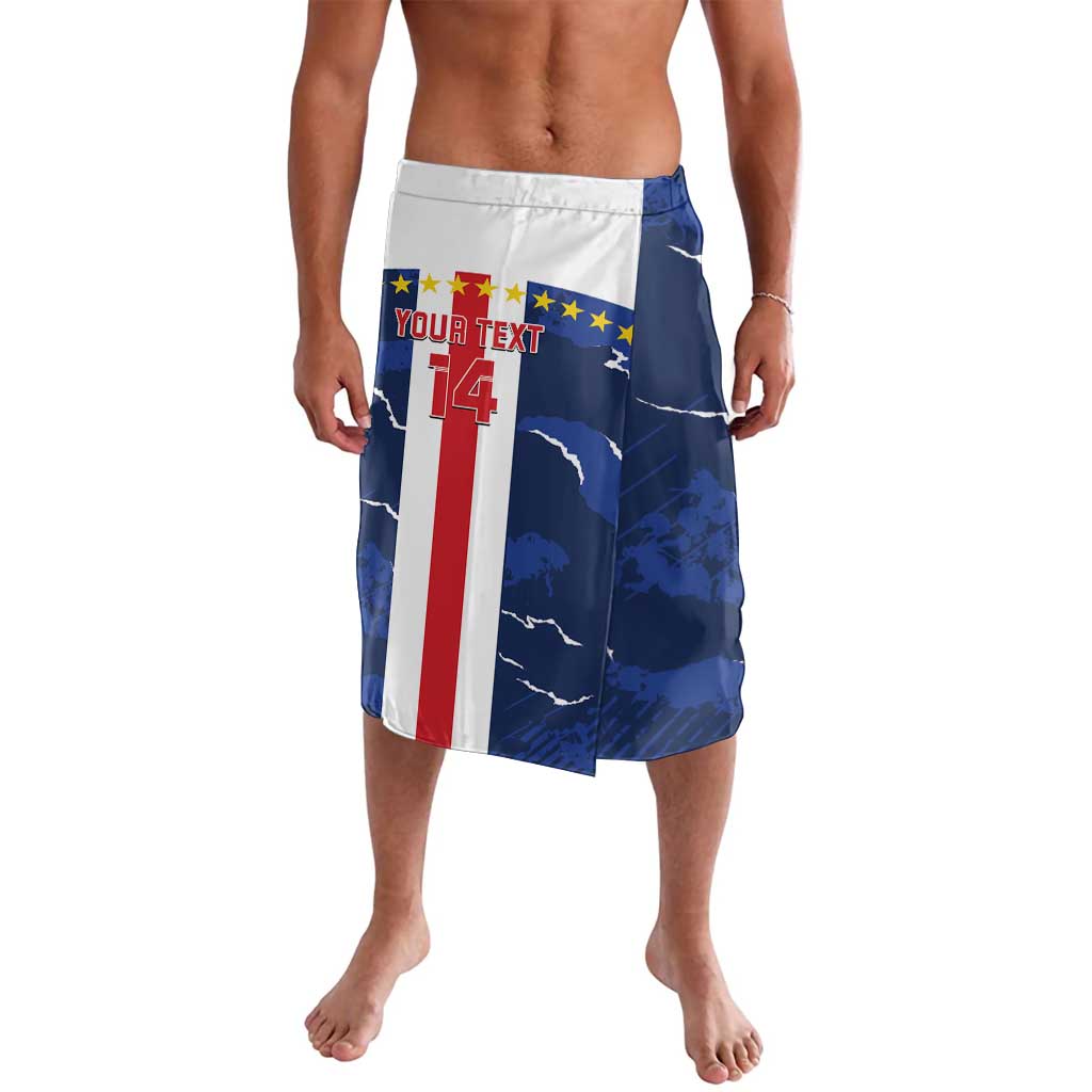 Men's blue football lavalava shorts with red/white vertical panel and elastic waistband