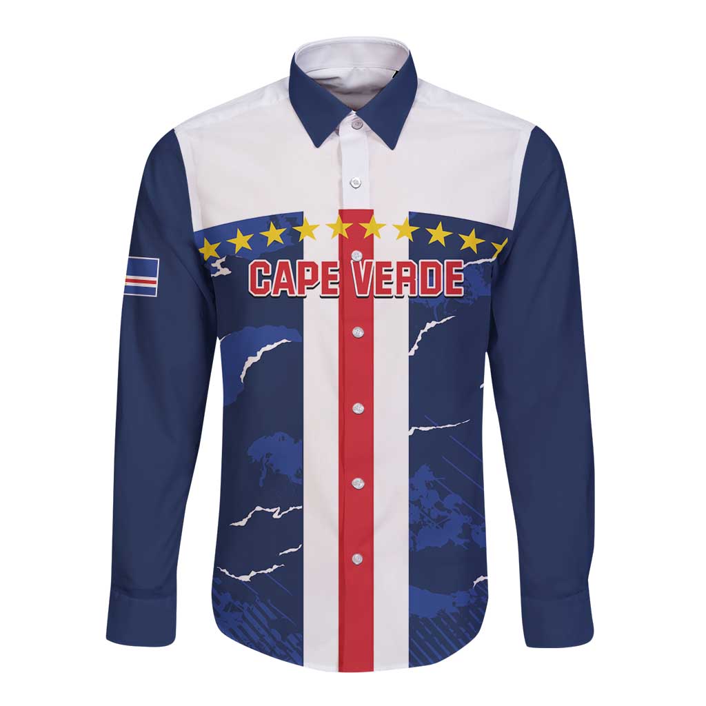 Long-sleeve button football shirt, blue and white with Cape Verde graphic and stars