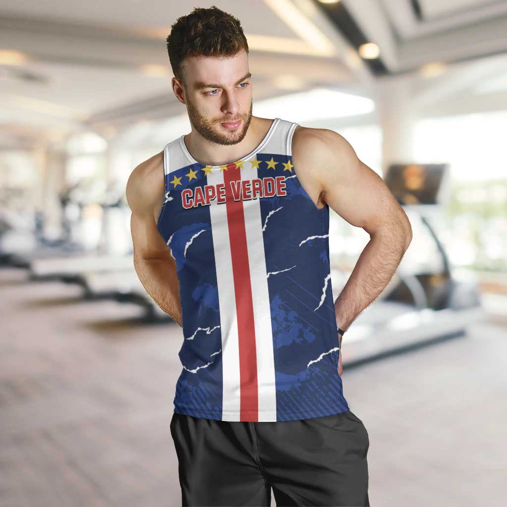 Men's blue sleeveless tank top with Cape Verde crest and vertical stripe graphic