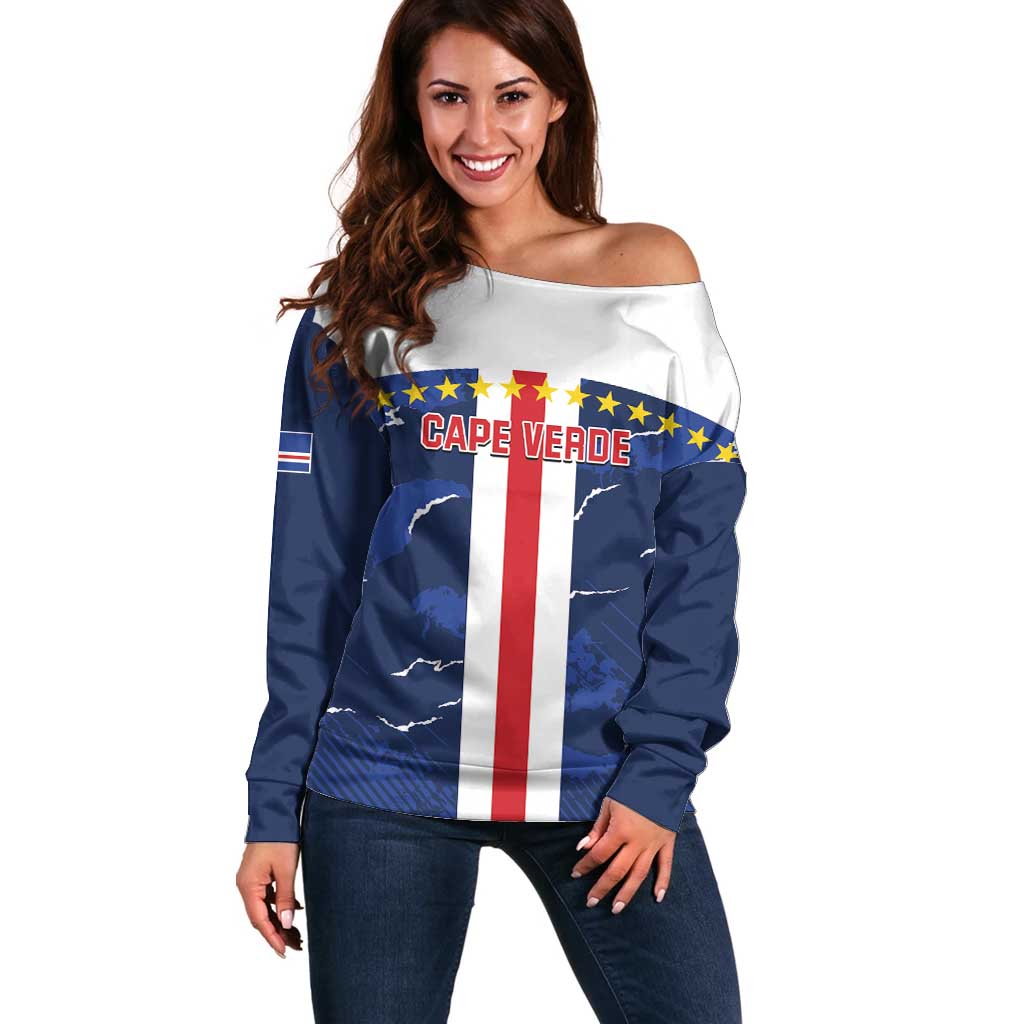 Off-shoulder football sweater with Cape Verde flag print and number graphic