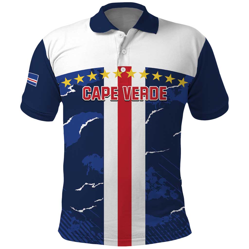 Football polo shirt in navy, white, and red with Cape Verde stars and badge