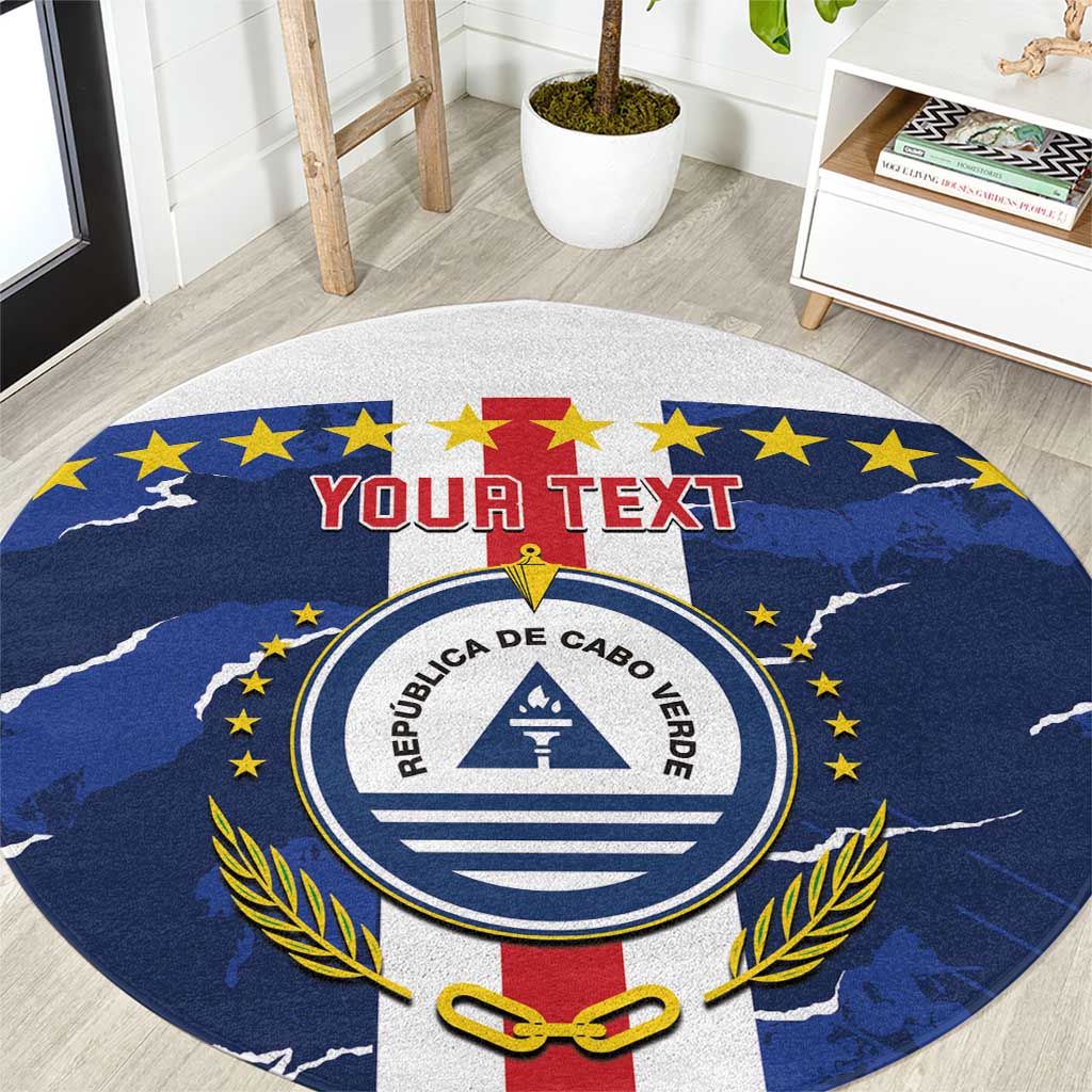Round blue football carpet with central crest, yellow stars, red banner 'YOUR TEXT'