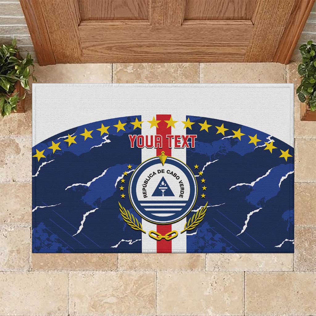 Blue rubber football doormat with EU stars, Cabo Verde crest, and “YOUR TEXT”