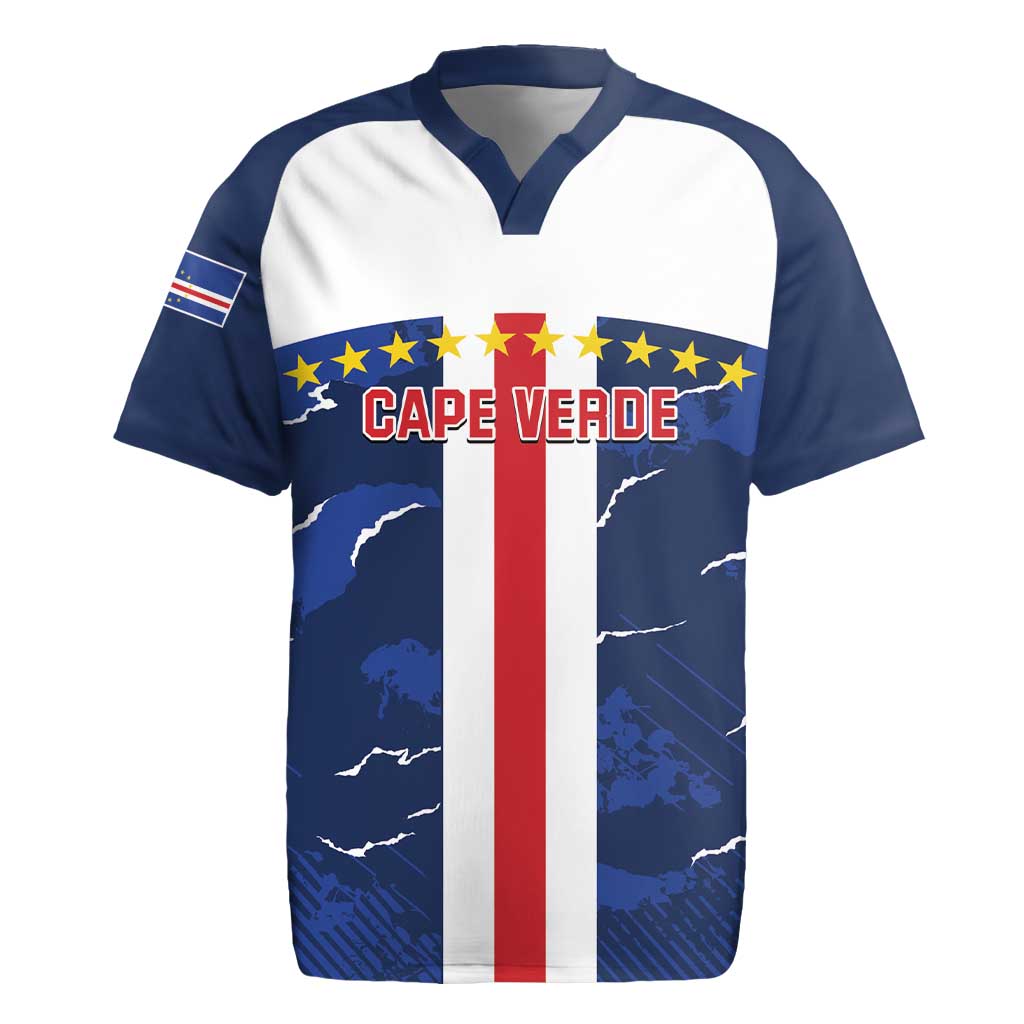 Blue V-neck football rugby jersey with CAPE VERDE crest and flag stripe graphic