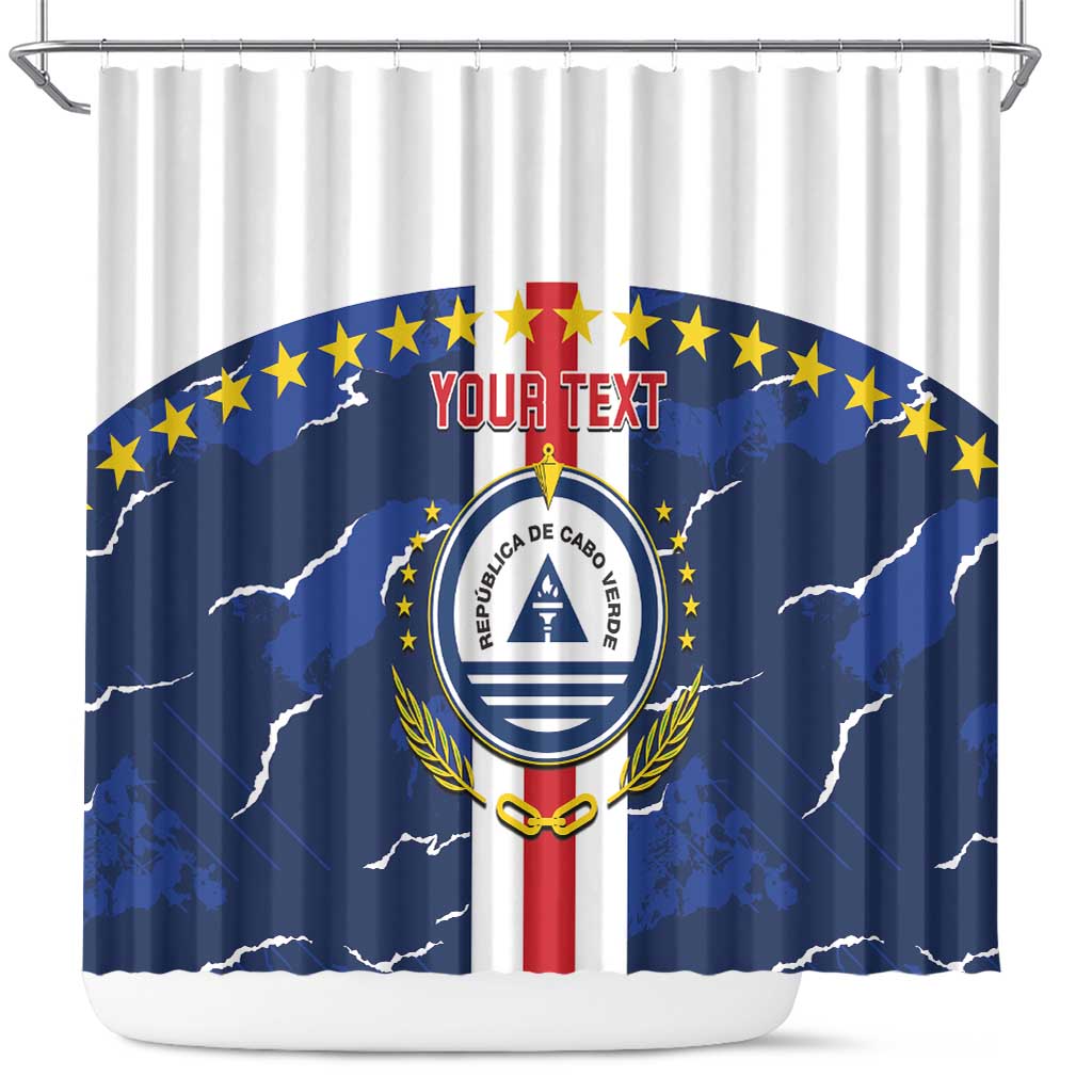 Blue football-themed shower curtain with Cape Verde emblem and arched star stripe design