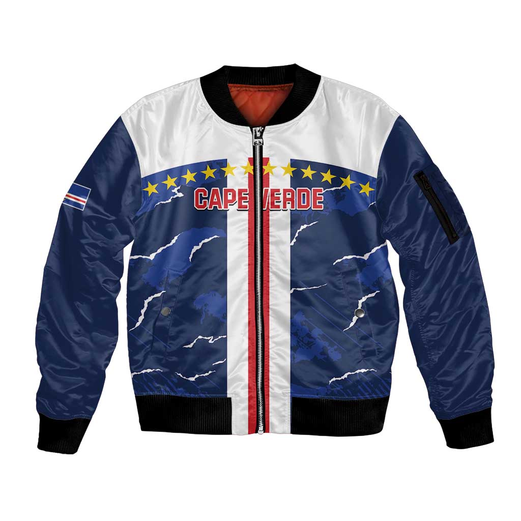 Blue and white Cape Verde graphic zip-up bomber jacket with ribbed cuffs and hem