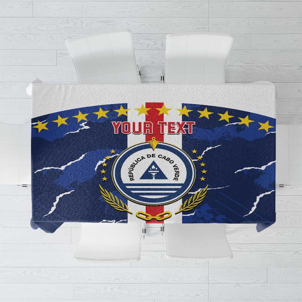 Blue football tablecloth with star border, map print, and round crest logo with 'YOUR TEXT'