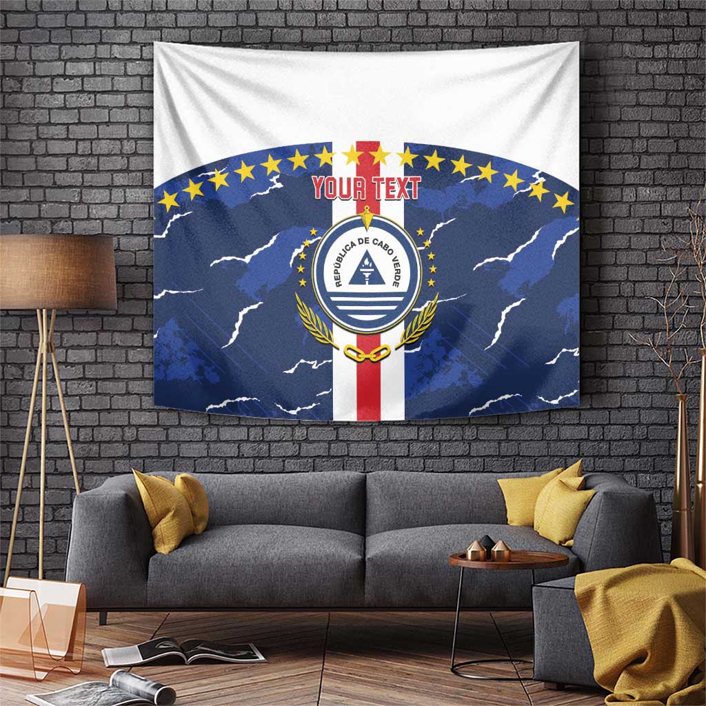Blue football tapestry with crest, star ring, lightning map, and YOUR TEXT