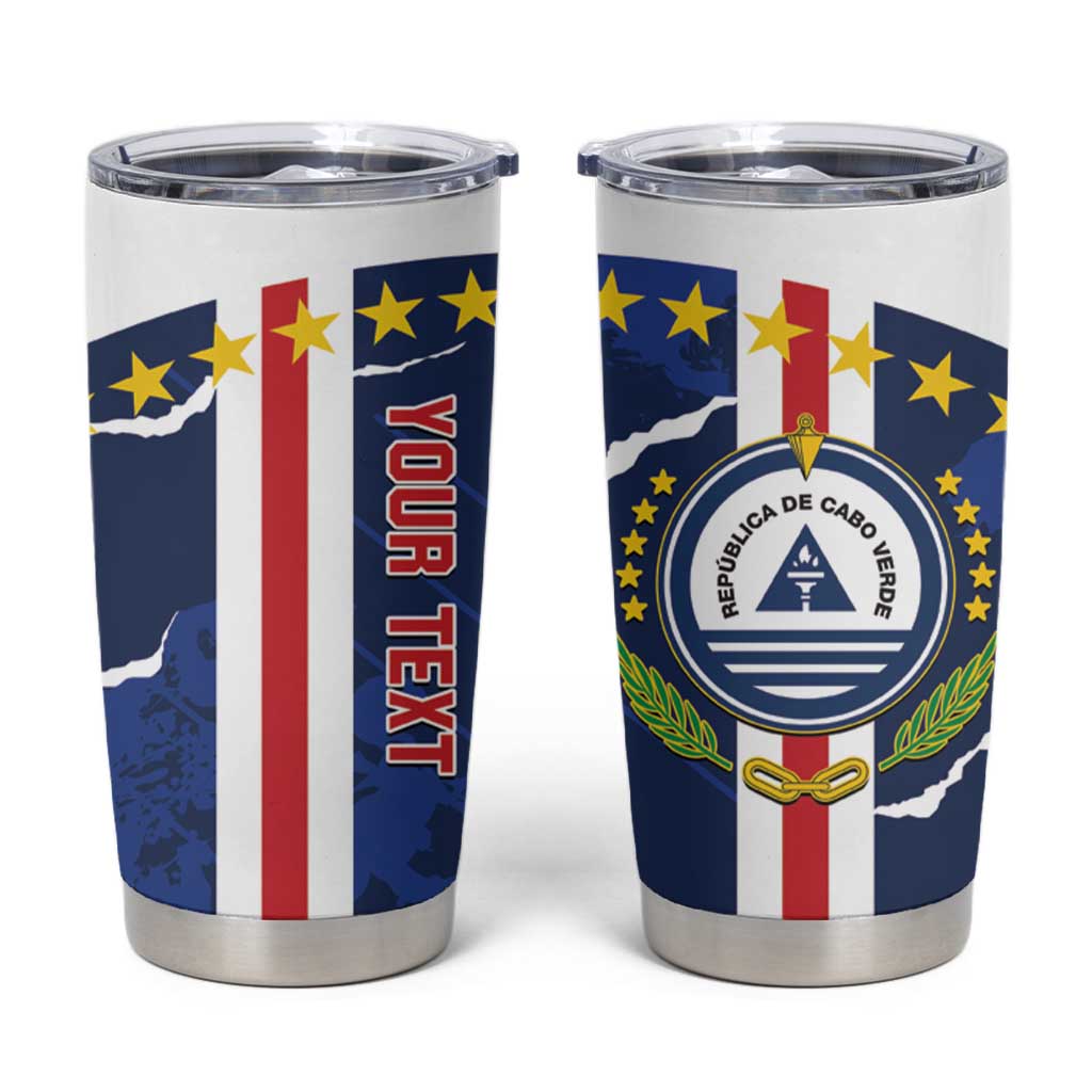 Stainless steel tumbler with Cape Verde flag stripes, blue star accents, clear lid