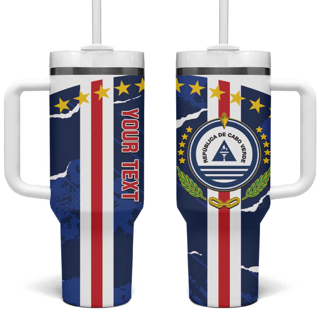 Blue insulated football tumbler with handle, straw lid, Cape Verde flag stripe design