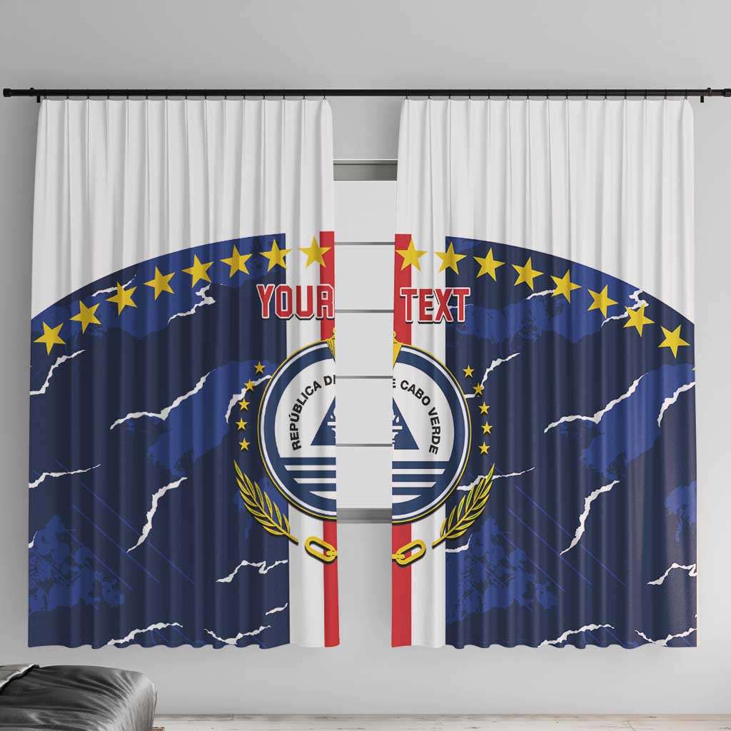 Window curtain with blue shield emblem, gold laurels, stars, and lightning graphics