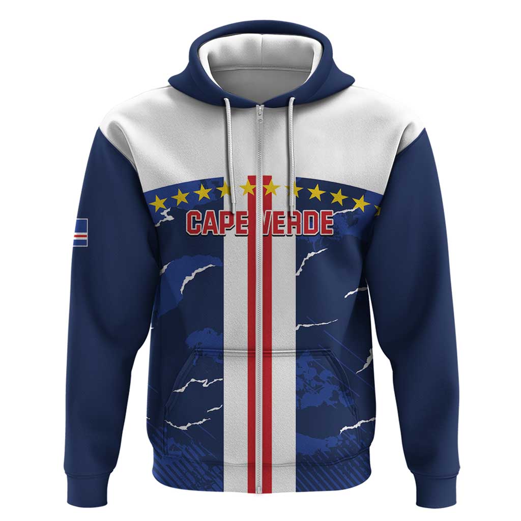 Blue and white zip hoodie with Cape Verde graphic and red vertical stripe
