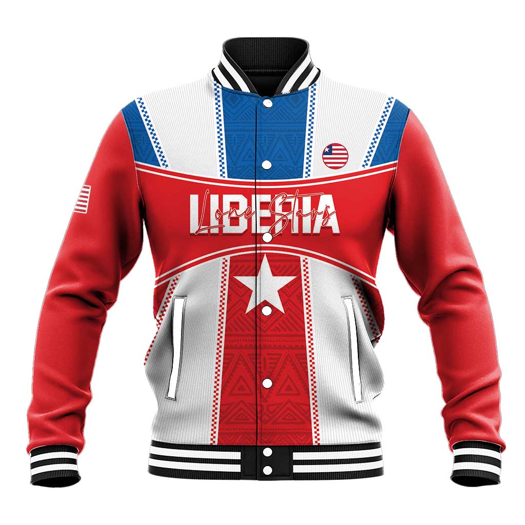 Red and white varsity baseball jacket with blue yoke, snap front, striped ribbed collar