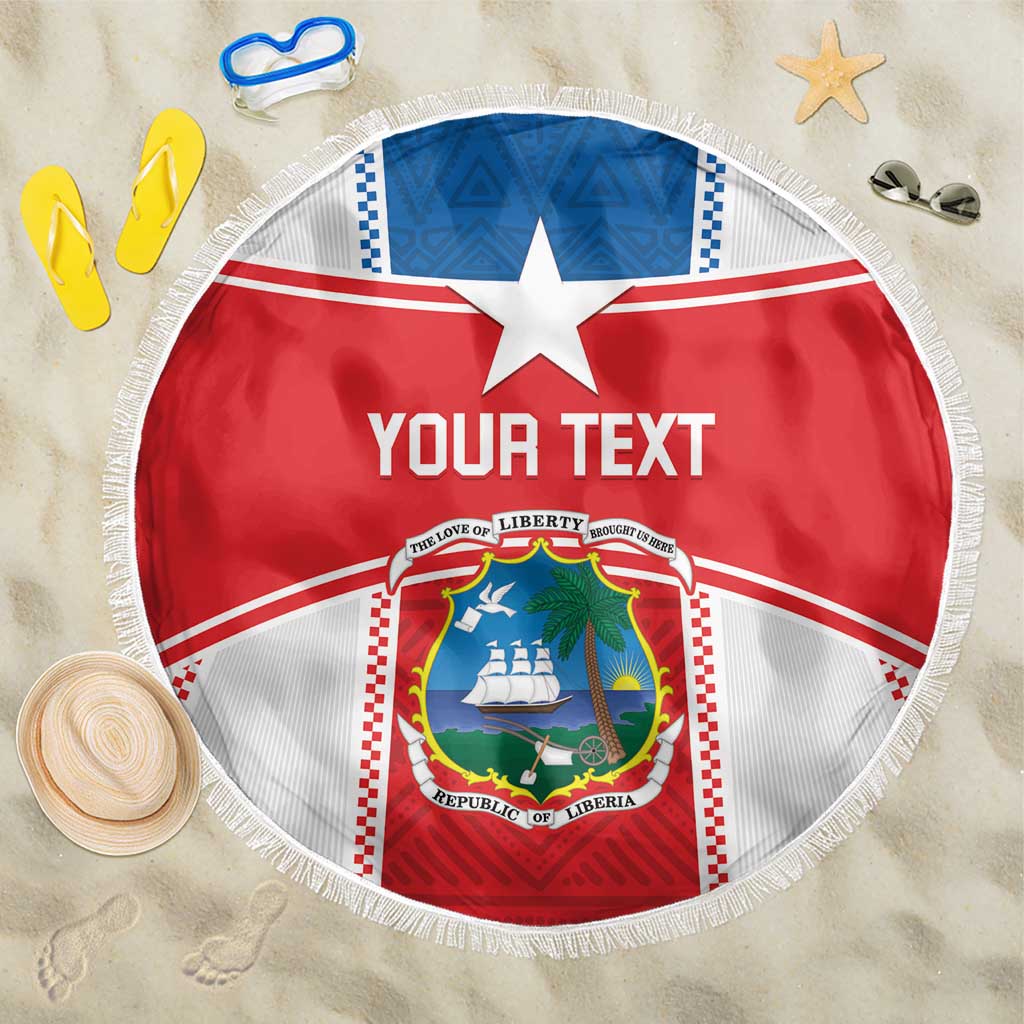Round beach blanket with fringe in red, white, and blue; star and custom text