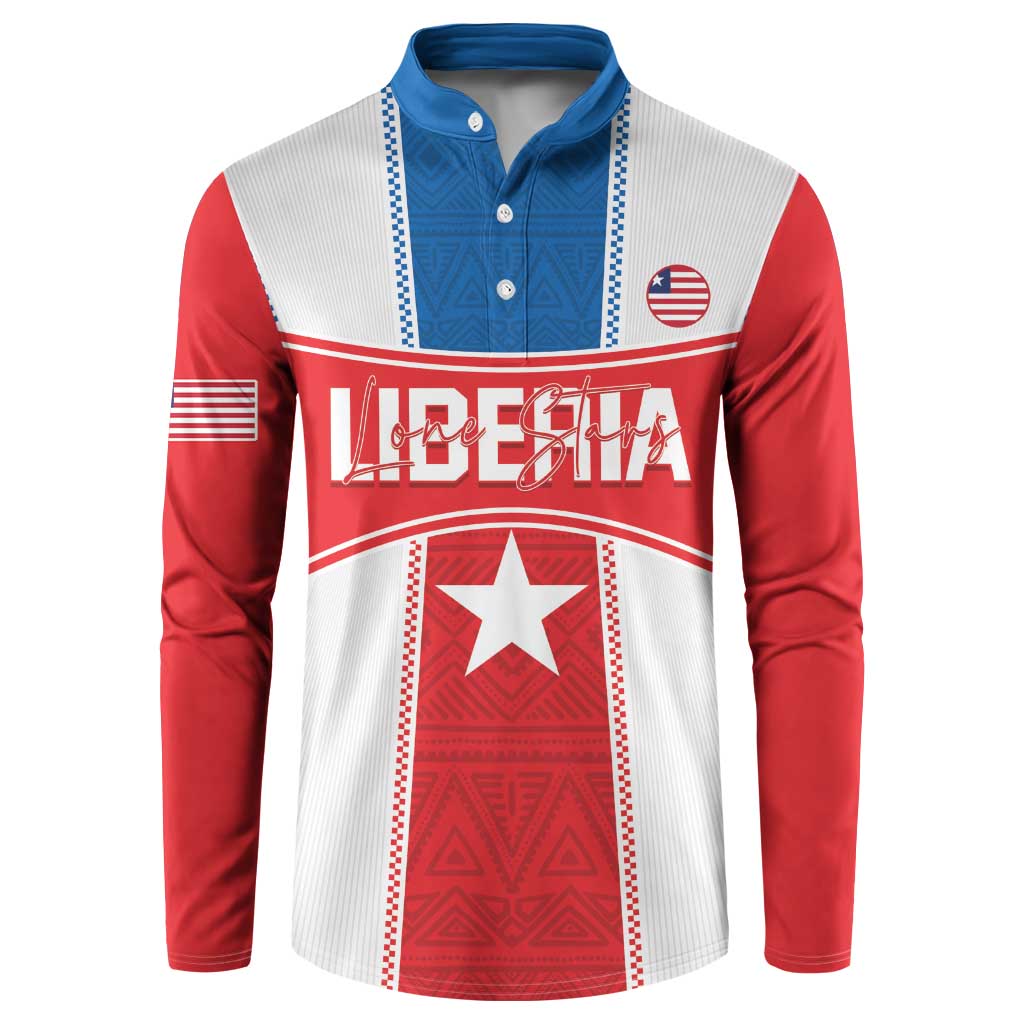 Red, white and blue button-front football sweatshirt with Liberia graphic and star