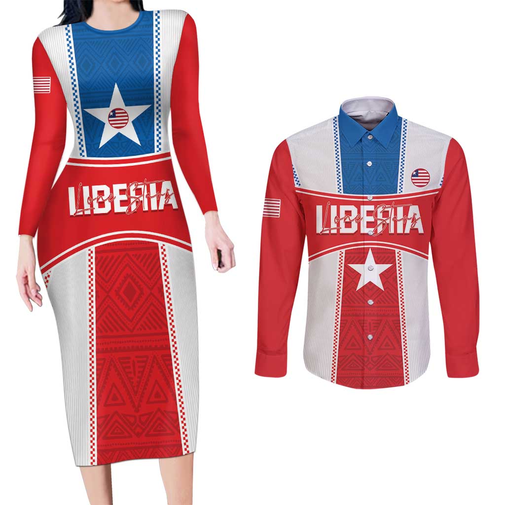 Custom Liberia Football Couples Matching Long Sleeve Bodycon Dress and Long Sleeve Button Shirt Go Lone Stars - Sporty Style - Wonder Print Shop