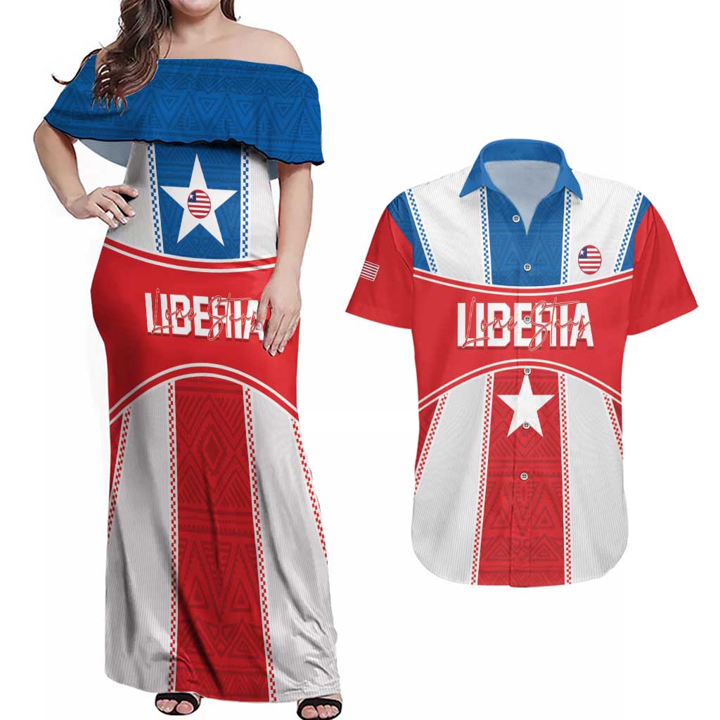 Custom Liberia Football Couples Matching Off Shoulder Maxi Dress and Hawaiian Shirt Go Lone Stars - Sporty Style - Wonder Print Shop