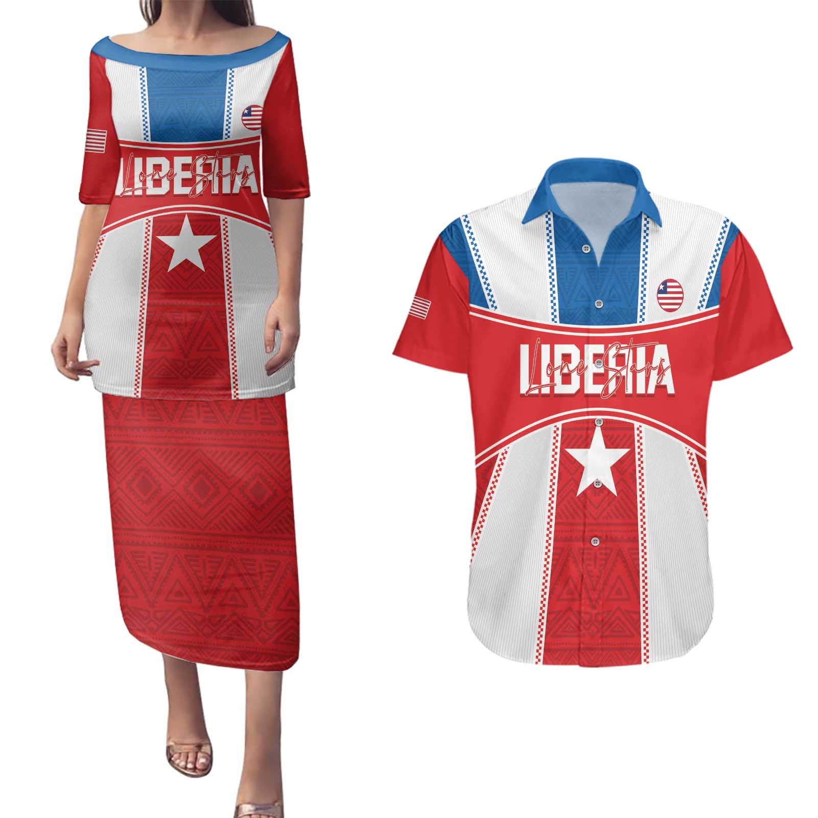 Custom Liberia Football Couples Matching Puletasi and Hawaiian Shirt Go Lone Stars - Sporty Style - Wonder Print Shop