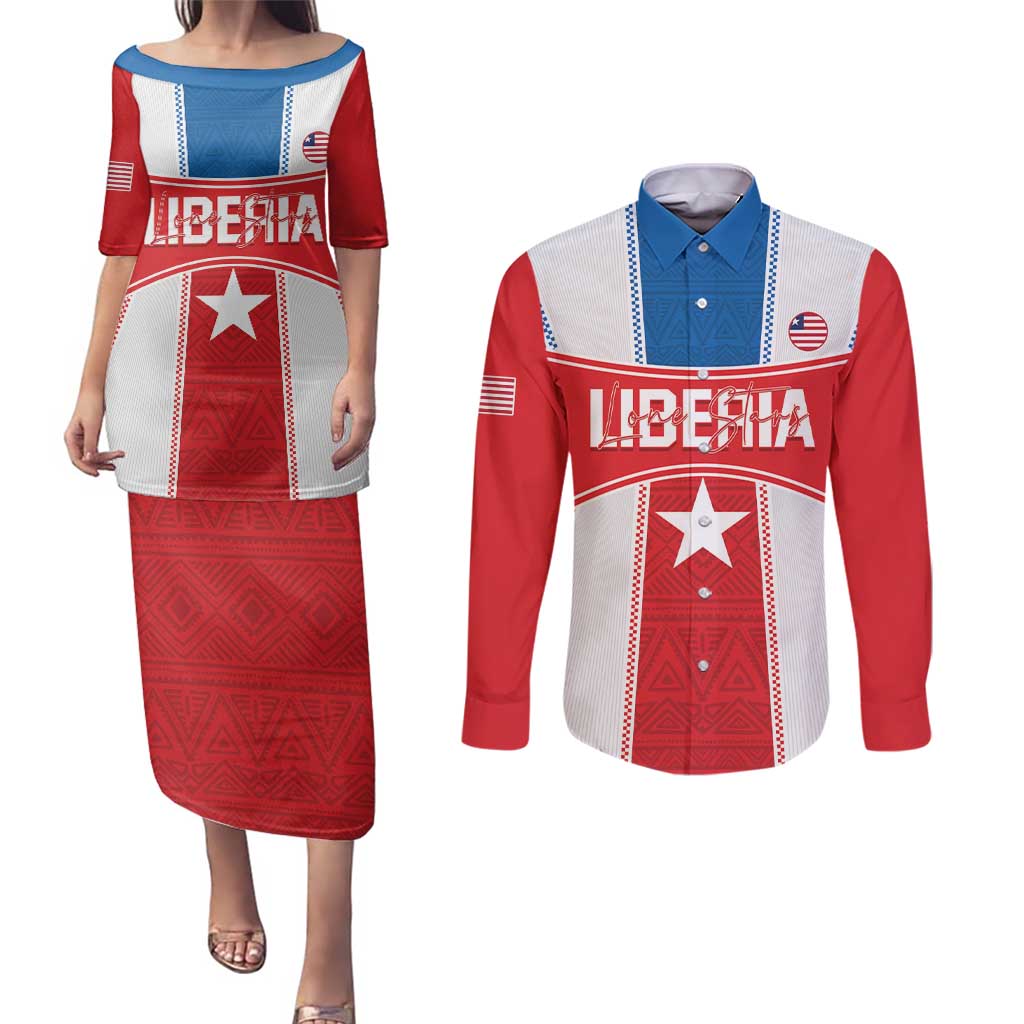 Custom Liberia Football Couples Matching Puletasi and Long Sleeve Button Shirt Go Lone Stars - Sporty Style - Wonder Print Shop