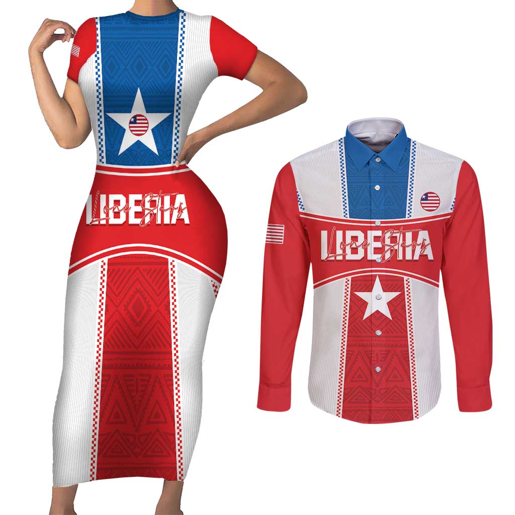 Custom Liberia Football Couples Matching Short Sleeve Bodycon Dress and Long Sleeve Button Shirt Go Lone Stars - Sporty Style - Wonder Print Shop